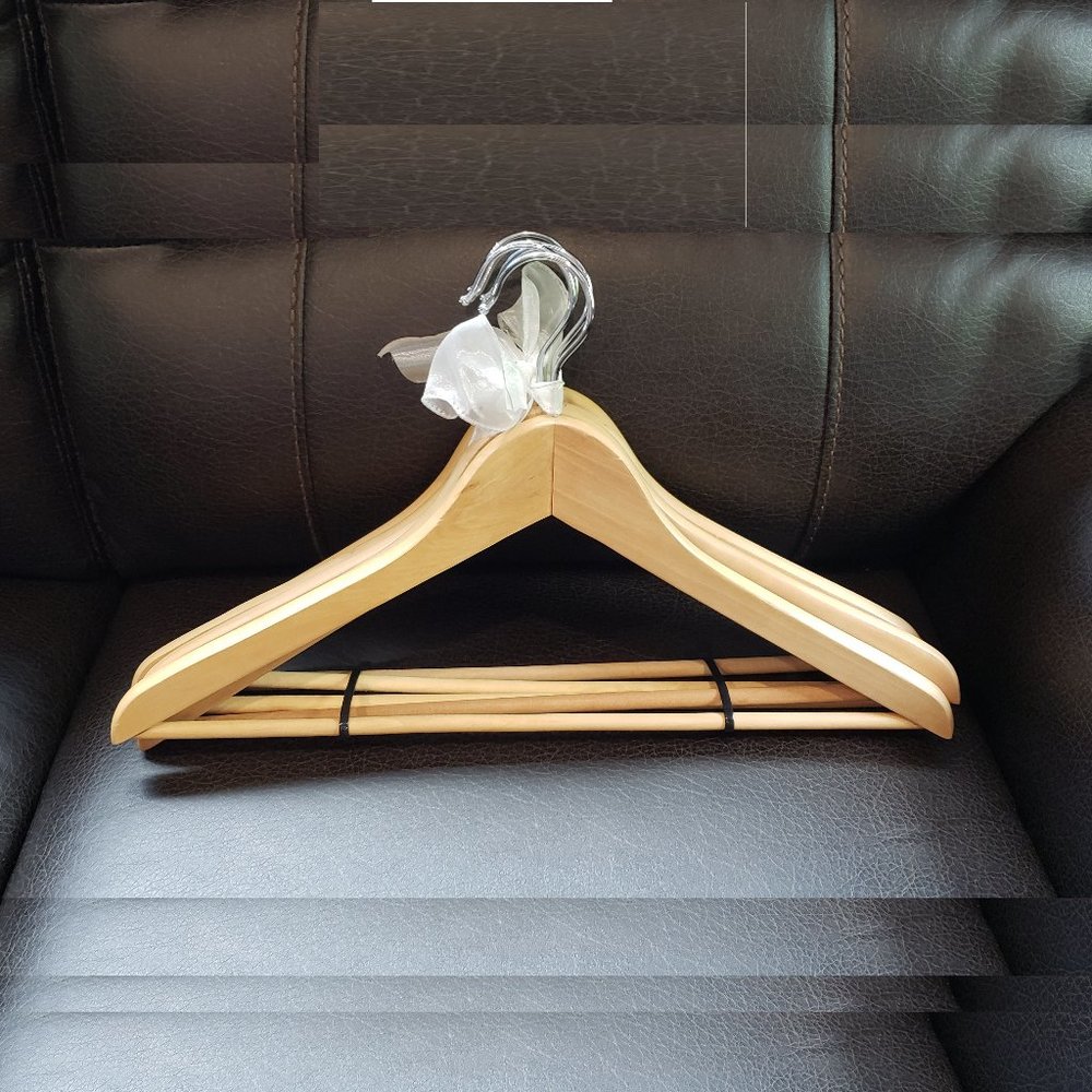 Set of 10 Wood Clothes Hangers in Blond with Pant Hanging Rod and Chrome Hook